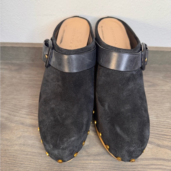 NEW Veronica Beard Black Suede Darcy Mule/Clog Wood Platform Gold Studs - Picture 3 of 10
